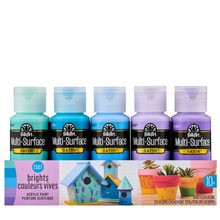 Load image into Gallery viewer, Set of Sally Art Multi-Surface acrylic paint bottles with a sample project display on a white background.