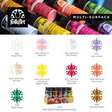 Load image into Gallery viewer, Collection of FolkArt multi-surface paint bottles with color swatches and names.