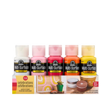 Load image into Gallery viewer, Set of Multi-Surface Satin acrylic paint bottles in various colors with a packaging display.