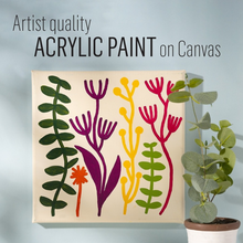 Load image into Gallery viewer, Acrylic paint on canvas with colorful plant designs and a potted plant on a light blue background.