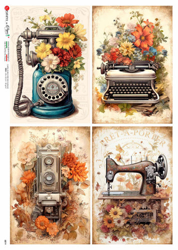 Old Objects Four Pack by Paper Designs Washipaper, Vintage Typewriters with Flowers