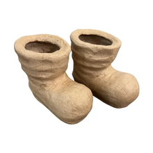 Load image into Gallery viewer, A pair of boot-shaped planters made from textured, light tan paper or cardboard, shown against a plain white background.