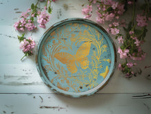 Load image into Gallery viewer, Decorative tray or plate with IOD Papillon gold gilded transfer in a butterfly design 