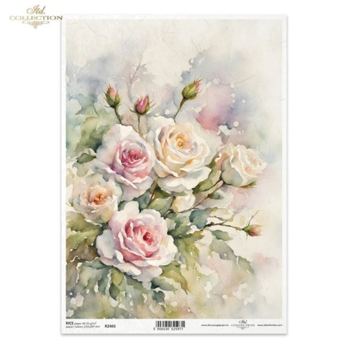 Pastel Pink and Cream Spring Roses Rice Paper by ITD Collection, Watercolor Rose Blossoms