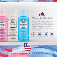 Load image into Gallery viewer, Three bottles of Perle acrylic paint from FolkArt with Plaid branding and 'Made in the USA' text.