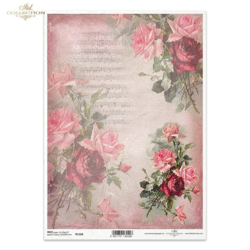 Pink and Red Roses with Sheet Music Rice Paper by ITD Collection, Size A4