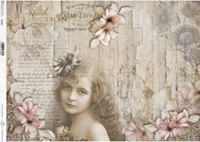 Load image into Gallery viewer, Vintage-style decorative print featuring a sepia-toned young girl with wavy hair, floral accents, handwritten script, and distressed wood textures. Decorative text appears at the top, and the design fills the frame.