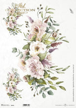 Load image into Gallery viewer, A floral watercolor design sheet featuring large pale pink and white peonies, green eucalyptus leaves, and soft purple accents on a white textured background. The top left shows the text 'ITD Collection' and the sheet includes small printed text and a barcode along the bottom edge.