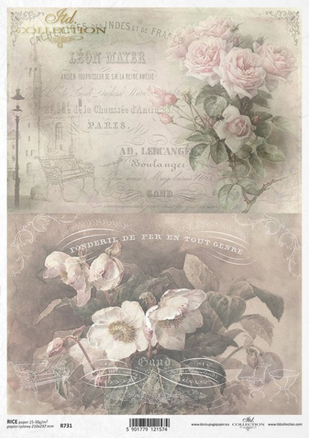 Old French Roses Rice Paper by ITD Collection, R0731, A4