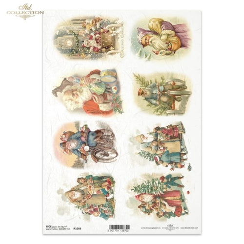 Sheet of Christmas-themed stickers with vintage-style illustrations on a white background.