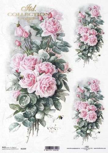 De Longpre Pink Roses Rice Paper by ITD Collection, R1209, A4