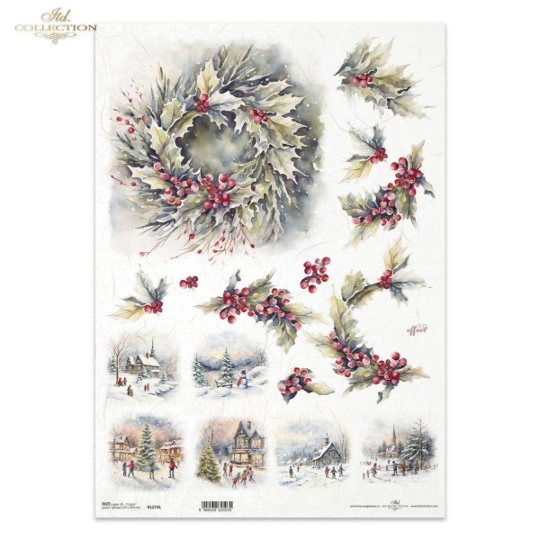 Snowy Holly Church Scenes Rice Paper by ITD Collection