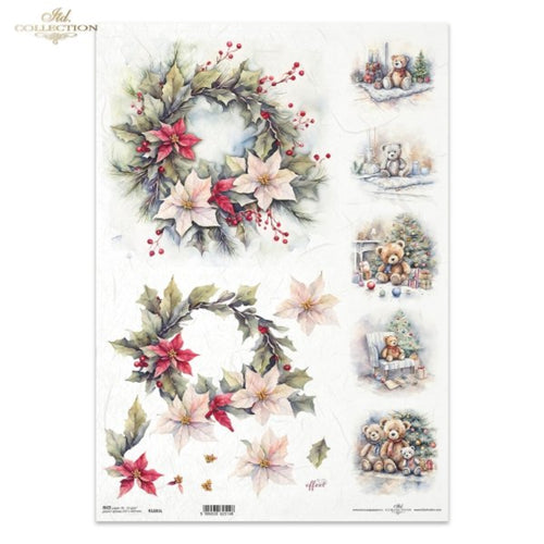 Christmas Teddy Poinsettias Rice Paper by ITD Collection
