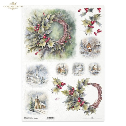 Winter Churches and Holly Rice Paper by ITD Collection
