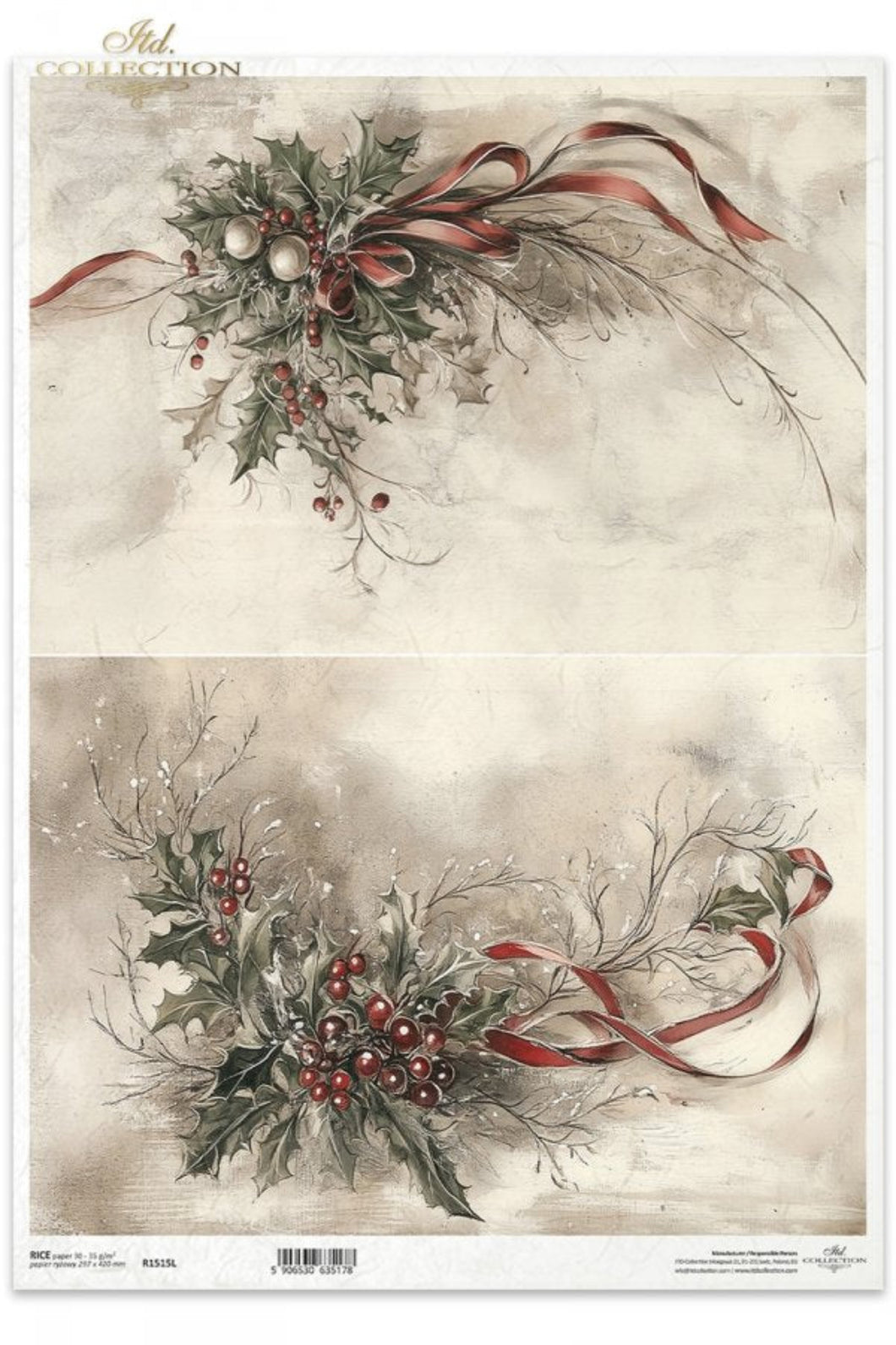 Winter's Tale Red Ribbon Holly Rice Paper by ITD Collection