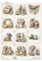 Load image into Gallery viewer, A sheet of decorative paper or craft scrapbook material featuring a 3x3 grid of vintage-style illustrated panels with floral arrangements, desserts, macarons, teacups, and pastel objects in soft beige, pink, and green tones. The sheet has a cream border and small printed text at the top and bottom.