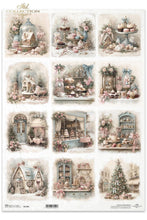 Load image into Gallery viewer, A sheet of decorative paper featuring twelve vintage-style illustrated scenes with pastel desserts, flowers, small houses, storefronts, and a Christmas tree. The sheet has a cream background and the brand name 'Mdl Collection' appears at the top left.