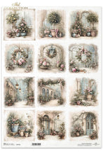 Load image into Gallery viewer, A sheet of decorative paper featuring 12 vintage-style floral window and garden arch illustrations in soft pastel tones, with the brand name 'Mdl Collection' printed at the top.