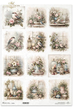 Load image into Gallery viewer, A sheet of decorative paper featuring twelve vintage-style illustrations with birds, flowers, lanterns, and glass domes in soft pastel tones. The sheet has a cream background and the brand name 'Moi Collection' appears at the top left.