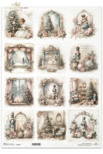 Load image into Gallery viewer, A sheet of decorative paper featuring multiple vintage-style illustrated scenes in soft muted tones, including framed portraits, windows, Christmas trees, and small figures. The sheet has a barcode and printed text at the bottom, indicating a craft or scrapbook paper product.