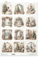 Load image into Gallery viewer, An A3 size sheet of Winter Rose Christmas Nutcracker decoupage rice paper by ITD Collection. Featuring nine vintage-style illustrated scenes in soft pastel tones, including framed portraits, pink roses, windows, Christmas trees, nutcrackers. 