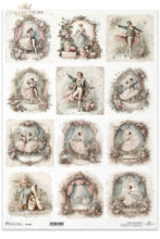 Load image into Gallery viewer, A sheet of decorative stickers or decals featuring 12 vintage ballet-themed illustrations in a soft pastel palette. The designs show ballerinas and dancers framed by flowers, curtains, and ornate frames, with ballet shoes and a small bird at the bottom.
