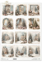 Load image into Gallery viewer, A sheet of 12 vintage-style Christmas window and winter village illustrations, likely from a scrapbooking paper or craft collection, featuring snowy trees, houses, and festive windows in soft muted tones.