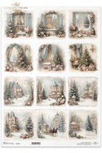 Load image into Gallery viewer, A size A3 sheet of decoupage rice paper featuring 9 vintage-style winter holiday illustrations with snowy trees, windows, houses, pink roses and festive garlands, Christmas trees in pastel hues with ITD Collection branding.