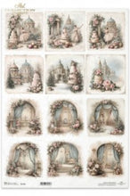 Load image into Gallery viewer, ITD Winter Rose Castle decoupage rice paper featuring 12 vintage-style illustrations showing romantic architectural scenes with a ballerina, castles, pink roses, arches in pastels by ITD Collection