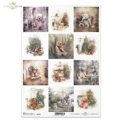 Sheet of decoupage paper with teddy bear designs and Christmas elements.