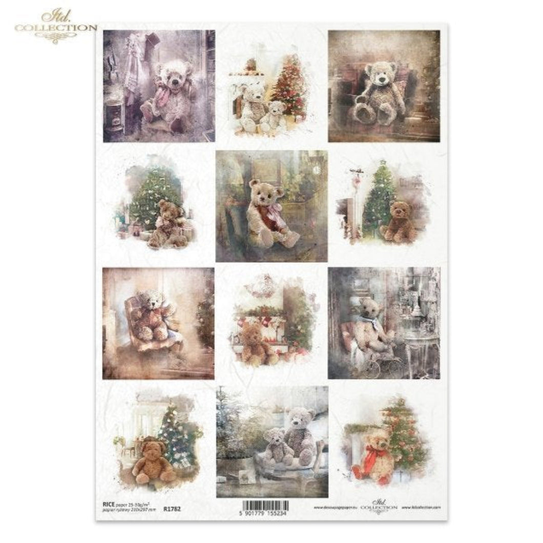 Sheet of decoupage paper with teddy bear designs and Christmas elements.