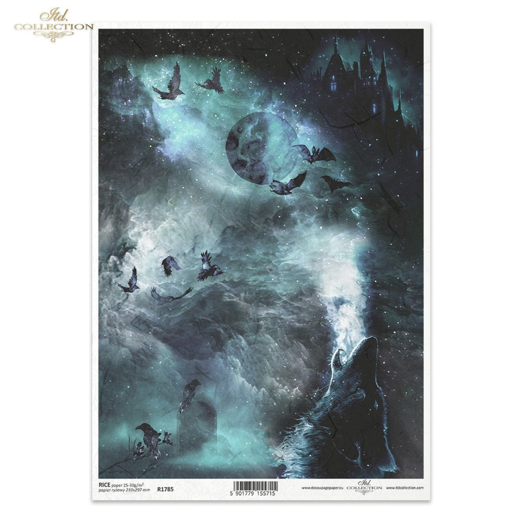 Night Wolf and Moon Rice Paper by ITD Collection