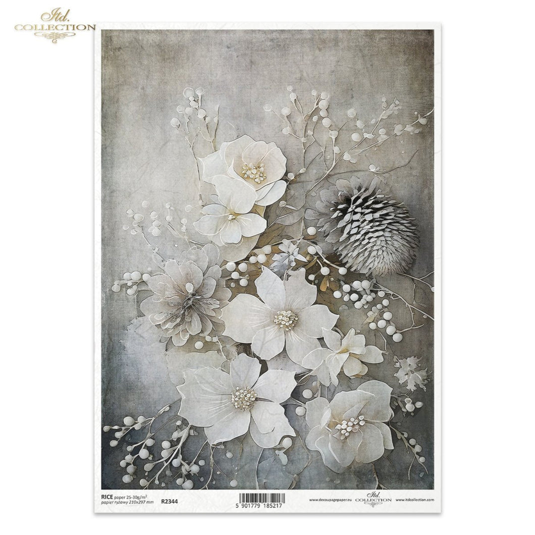Winter Bouquet Frosted Petals and Pinecones Rice Paper by ITD Collection