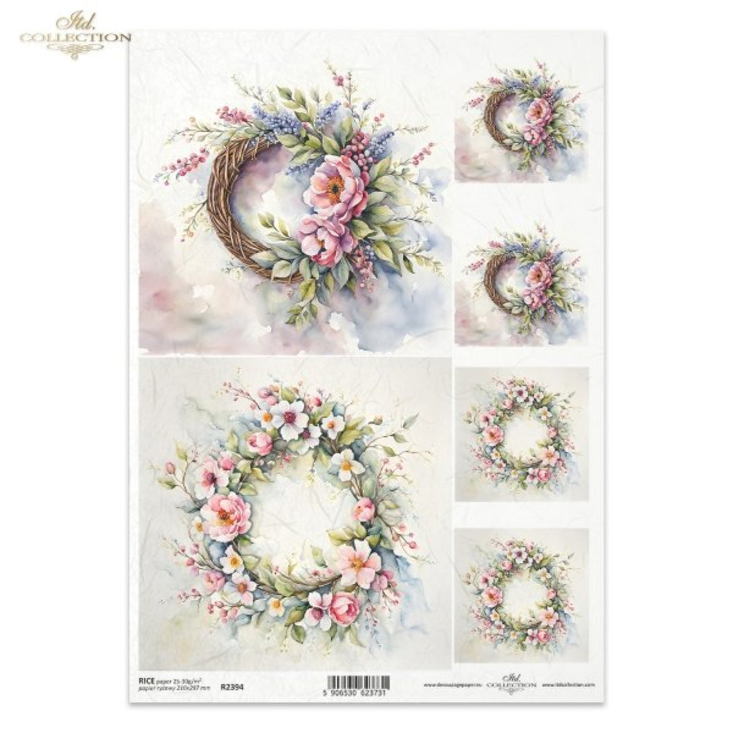 Spring Wreaths Rice Paper by ITD Collection, Pastel Florals