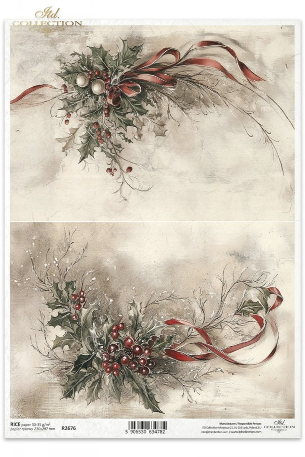 Winter's Tale Red Ribbon Holly Rice Paper by ITD Collection