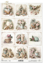 Load image into Gallery viewer, A sheet of decorative paper or scrapbook/craft design elements featuring a vintage collection of 12 illustrations. The designs include floral wreaths, heart-shaped boxes, a decorated cake, a cupcake, a mug with a hot chocolate drink, macarons, and teacups, all in a soft pastel palette with a distressed, antique aesthetic.