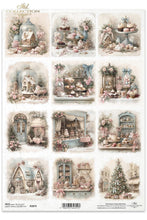 Load image into Gallery viewer, A sheet of decorative paper featuring 12 vintage-style illustrated scenes with pastel houses, floral arrangements, tea tables, shop fronts, and a Christmas tree. The sheet has a cream background and decorative text at the top and bottom.