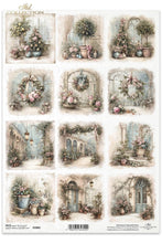 Load image into Gallery viewer, A sheet of decorative paper featuring 12 vintage-style floral and architectural illustrations arranged in a grid. The designs show potted plants, wreaths, arched windows, and garden scenes in soft muted tones.