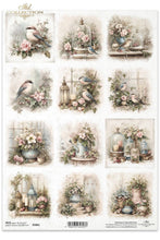 Load image into Gallery viewer, A sheet of decorative paper featuring 12 vintage-style illustrations with birds, flowers, lanterns, and glass domes in soft pastel tones. The sheet includes the text 'Ml Collection' and a barcode at the bottom.