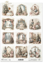 Load image into Gallery viewer, A sheet of decorative paper featuring multiple vintage-style illustrated scenes in soft muted tones, including framed portraits, windows, Christmas trees, and small figures. The sheet has a barcode and printed text at the bottom, indicating a craft or scrapbook paper product.