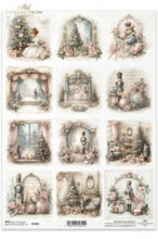Load image into Gallery viewer, A sheet of Winter Rose Christmas Nutcracker decoupage rice paper by ITD Collection. Featuring nine vintage-style illustrated scenes in soft pastel tones, including framed portraits, pink roses, windows, Christmas trees, nutcrackers. 