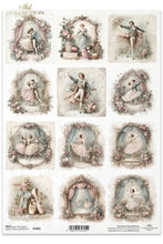 Load image into Gallery viewer, A sheet of vintage-style ballet-themed stickers or decoupage designs from the Mel Collection, featuring multiple framed illustrations of ballerinas and dancers with floral frames, pink drapery, and soft pastel tones.