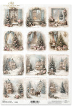 Load image into Gallery viewer, A sheet of decorative paper or sticker designs from the 'Nile Collection' featuring 12 vintage winter scenes. The designs include cozy window frames with pink flowers, decorated Christmas trees, snowy mansions, and horse-drawn carriages in the snow.