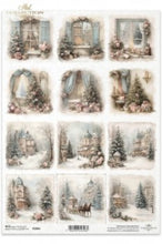 Load image into Gallery viewer, A sheet of decoupage rice paper featuring 9 vintage-style winter holiday illustrations with snowy trees, windows, houses, pink roses and festive garlands, Christmas trees in pastel hues with ITD Collection branding.