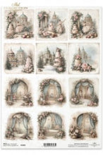 Load image into Gallery viewer, Winter Rose Castle Decoupage rice paper featuring 12 vintage-style illustrated scenes with ballerina, castles, pastel colors, pink roses, floral arrangements, and draped arches by ITD Collection