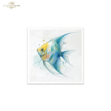 Load image into Gallery viewer, A square wall art print featuring a watercolor-style angelfish in blue, teal, and yellow on a white textured background. The print is shown centered on a light gray studio background, with the brand name 'Fish Collection' printed in the top-left corner.