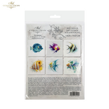 Load image into Gallery viewer, A packaged craft paper set from the 'ITD Collection' featuring six tropical fish designs in various colors on textured white papers. The package is sealed in clear plastic with a hanger tab at the top, set against a plain white background.