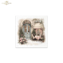 Load image into Gallery viewer, A square art print featuring a vintage, romantic outdoor cafe scene with a blue door, pink roses, and a small table under a pink awning, shown on a white background with 'Ash Collection' branding in the top left corner.