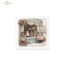 Load image into Gallery viewer, A square art print featuring a vintage bakery storefront illustration with pastel blue framing, floral decorations, cakes on display, and a soft snowy street scene. The print is centered on a white background with 'Ash Collection' branding in the top-left corner.