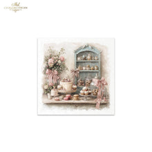 Load image into Gallery viewer, A square decorative print or card featuring a vintage-style dessert table scene with pink roses, macarons, jars, and a blue cabinet, centered on a white background. The top-left corner of the image shows the text 'Ash Collection' as a brand mark.